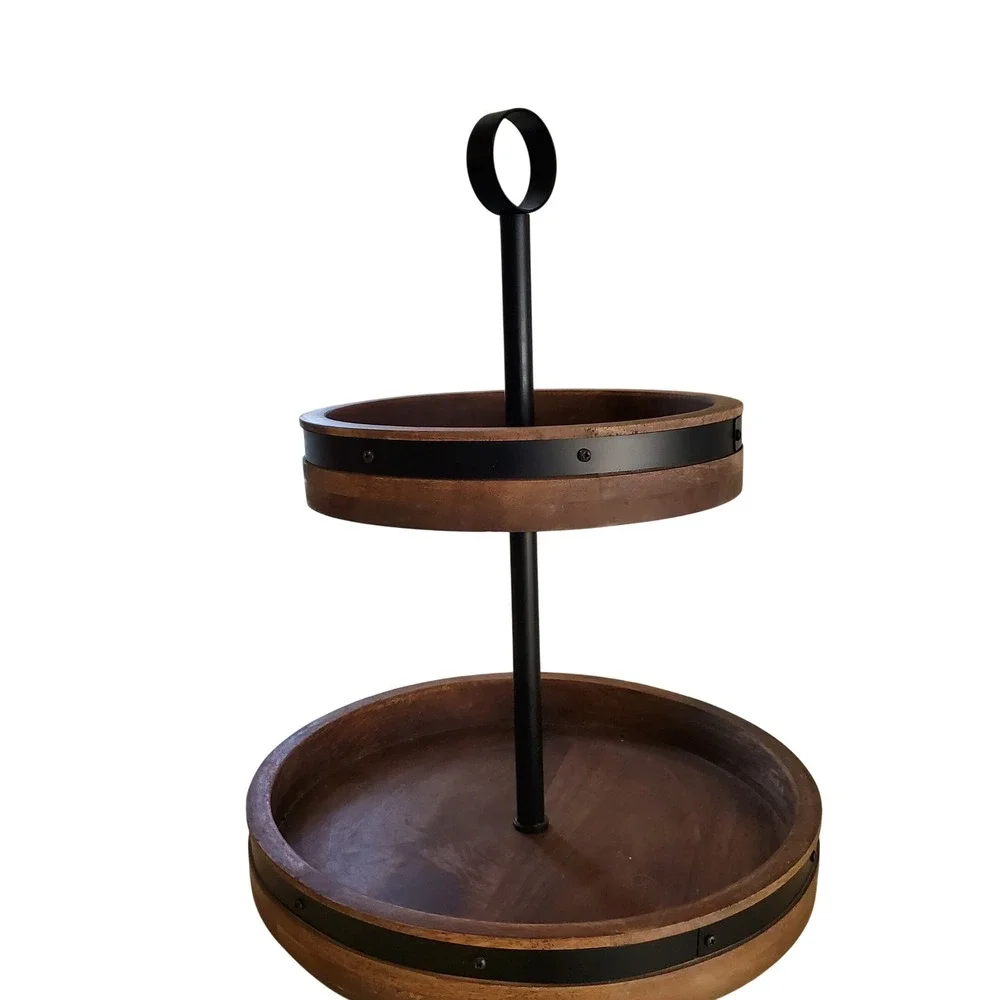 Rustic 2 Tier Wood Serving Tray Farmhouse Cupcake Stand Black Metal Accents 18in